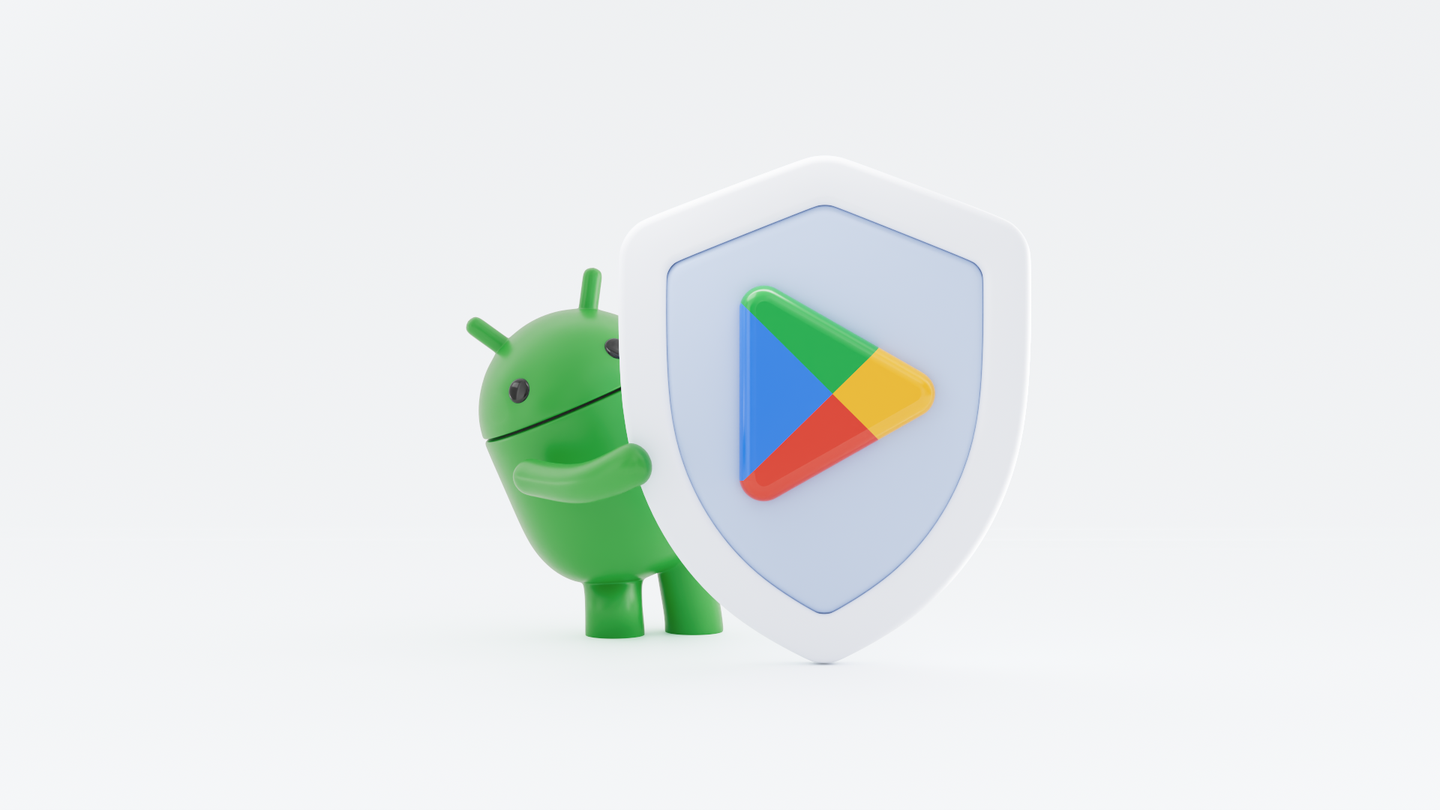 Google Play safety 2025 발표에 사용된 Android와 Google Play 보안 일러스트