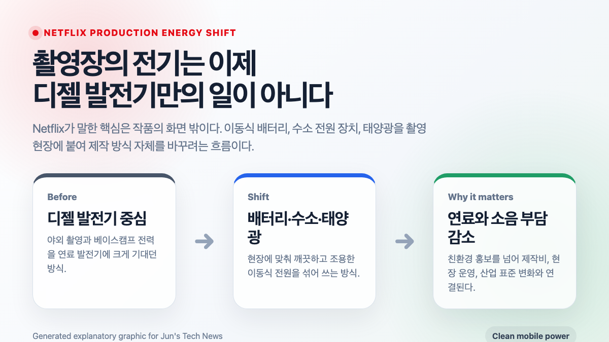 Netflix clean mobile power 흐름을 디젤 발전기에서 배터리 수소 태양광으로 전환하는 과정으로 설명한 인포그래픽
