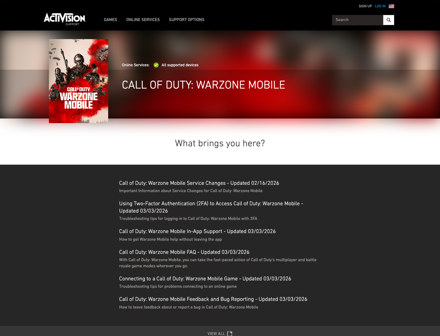 Activision의 워존 모바일 공식 지원 허브 화면
