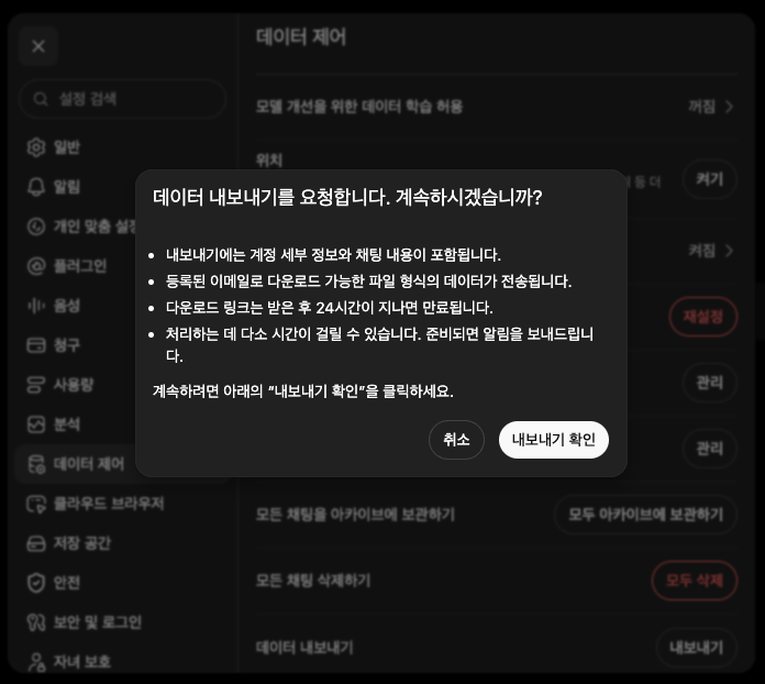 ChatGPT 데이터 내보내기 확인창에 계정 세부 정보와 채팅 내용 포함, 이메일 전달, 24시간 링크 안내가 표시된 상태