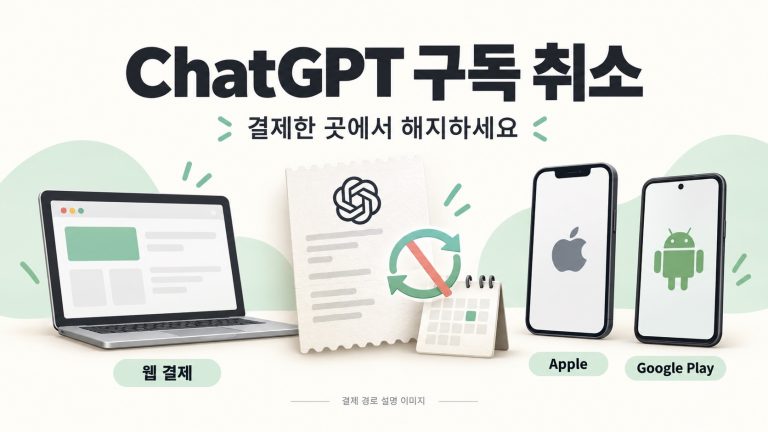 ChatGPT 구독을 웹·Apple·Google Play 중 처음 결제한 곳에서 취소하는 경로를 나타낸 설명 이미지