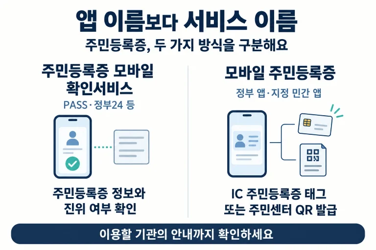 주민등록증 모바일 확인서비스와 모바일 주민등록증의 역할, 이용 앱, 발급 경로를 병렬로 비교한 안내도