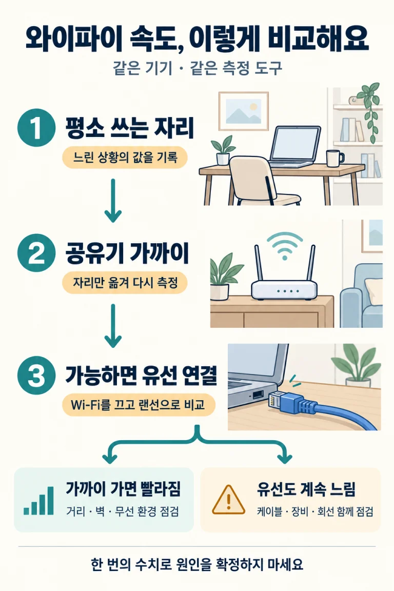 같은 기기로 평소 자리, 공유기 가까이, 유선 연결 순서로 속도를 측정하고 결과에 따라 점검할 곳을 좁히는 흐름도