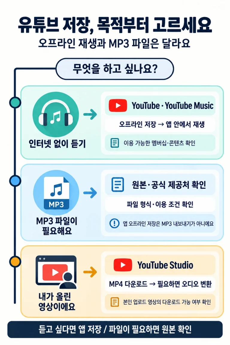 인터넷 없이 듣기, MP3 파일 보관, 본인 업로드 영상의 세 목적에 따라 앱 재생·원본 확인·Studio MP4 다운로드로 나누는 안내도
